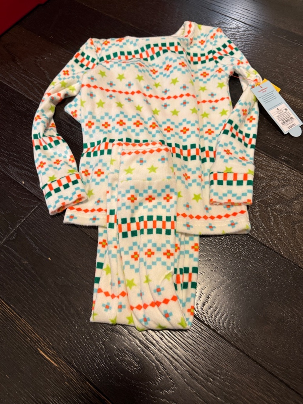 Kids Fleece Pajama Set in White with Multicolor Fair Isle Print